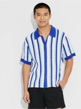 Blue & White Striped Knit Polo Shirt - Men's